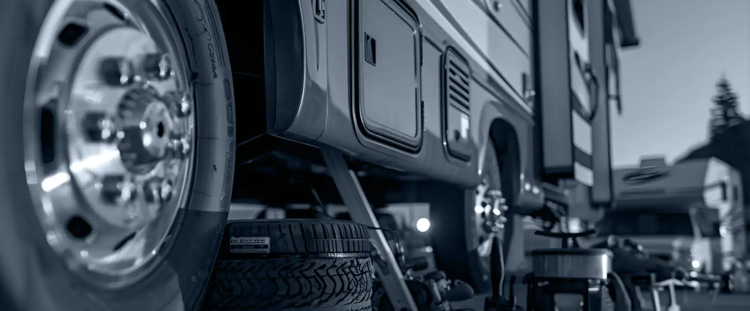 Close-up of an RV’s tires and undercarriage