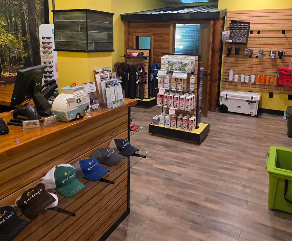 Apparel, hats and camping gear inside the Good Camp’N store