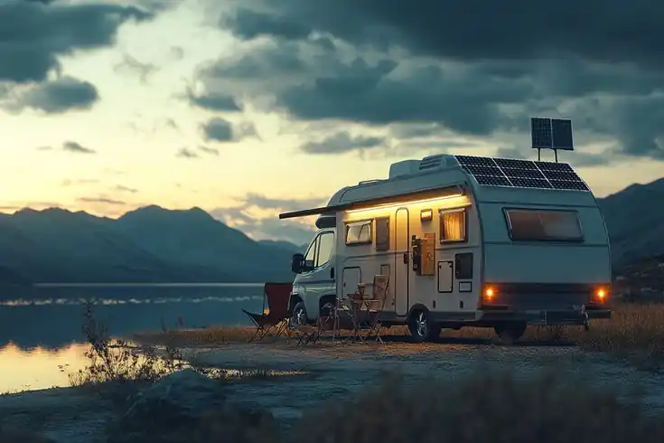 Motorhome with solar panels camped by a mountain lake at dusk